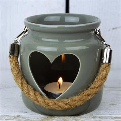 Small Green-Grey Porcelain Heart Tealight Lantern with Rope