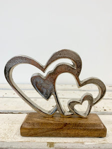 Aluminium Double Heart Decoration on Wooden Stand