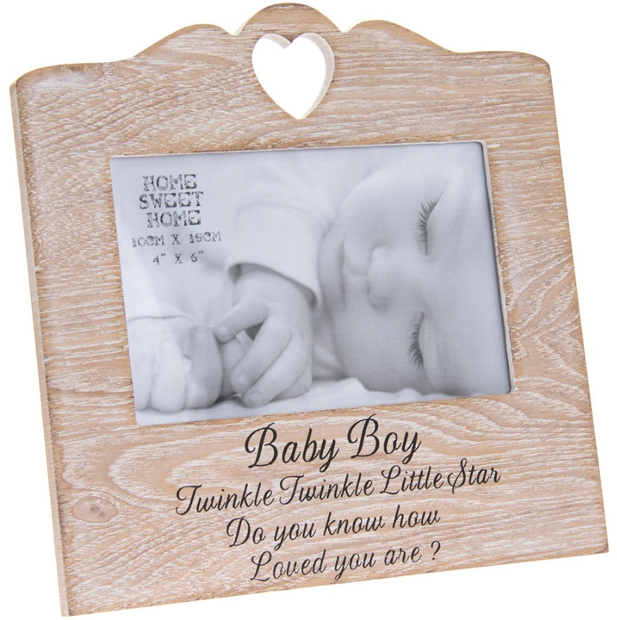 Wooden Sentiments Photo Frame with Heart Design - 'Baby Boy' or 'Baby Girl' available