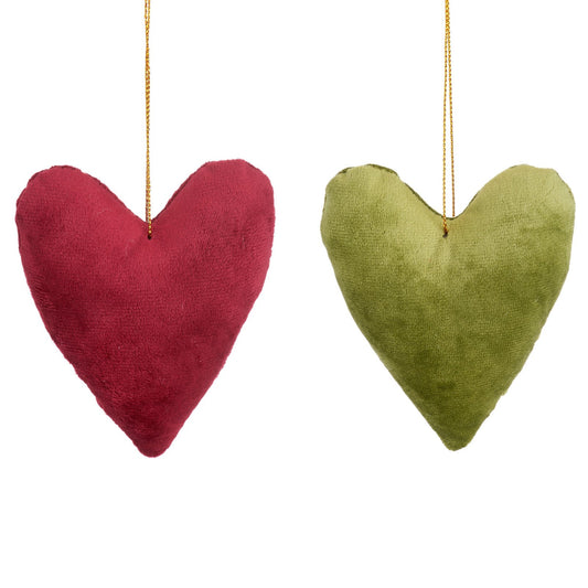 Handmade Green and Red Velvet Hanging Heart Christmas Decorations