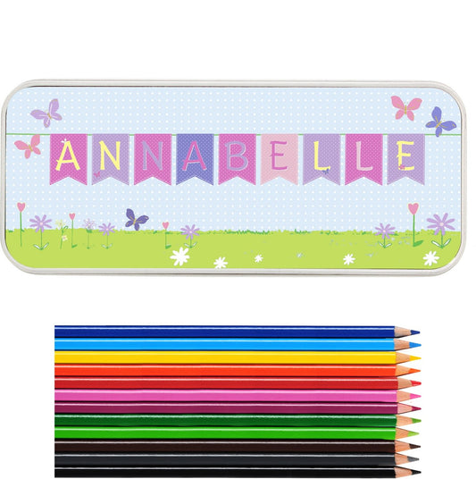 Personalised Garden Bunting Pencil Tin with 12 Colouring Pencils