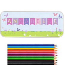 Personalised Garden Bunting Pencil Tin with 12 Colouring Pencils