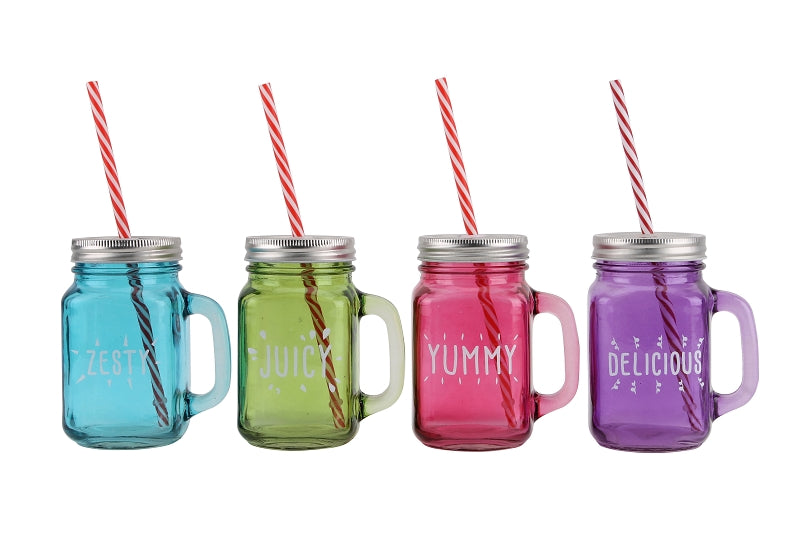 Four Assorted Party Glass Mason Jars with Straws