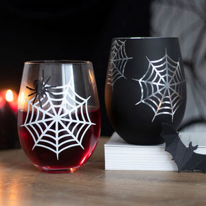 Set of 2 Spider and Web Stemless Wine Glasses (Great for Halloween)