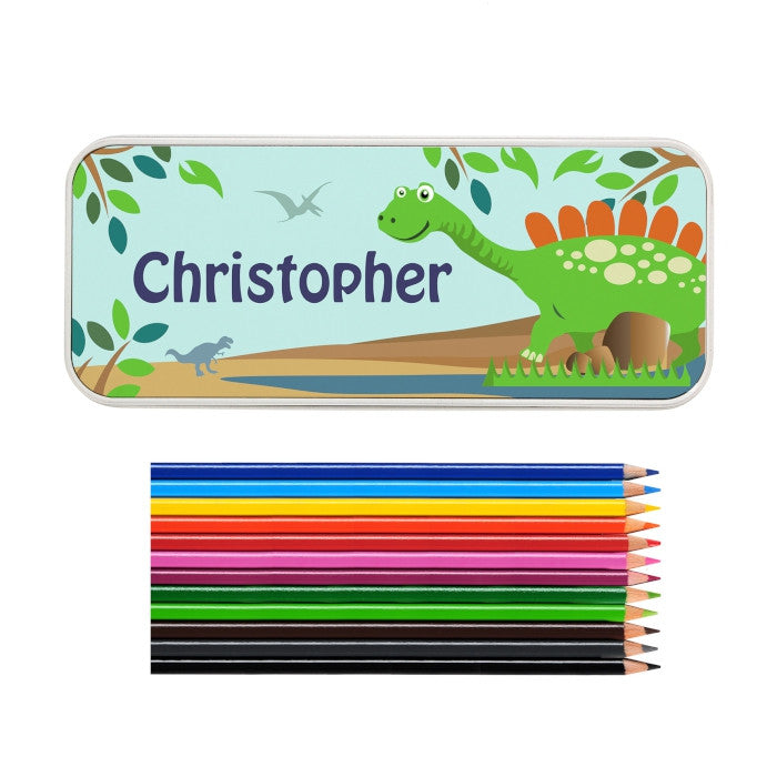 Personalised Dinosaur Pencil Tin with 12 Colouring Pencils