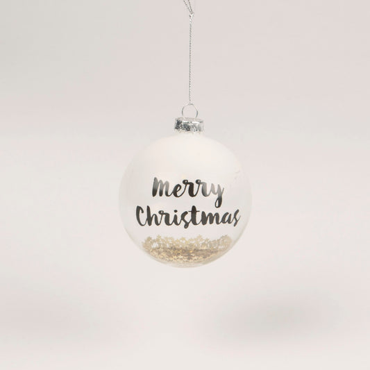 White Merry Christmas Glass Bauble With Gold Sequins