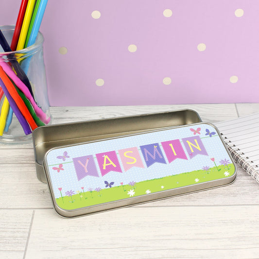 Personalised Garden Bunting Pencil Tin with 12 Colouring Pencils