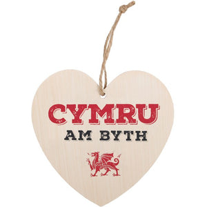 'Cymru Am Byth' Wooden Hanging Heart Shaped Sign