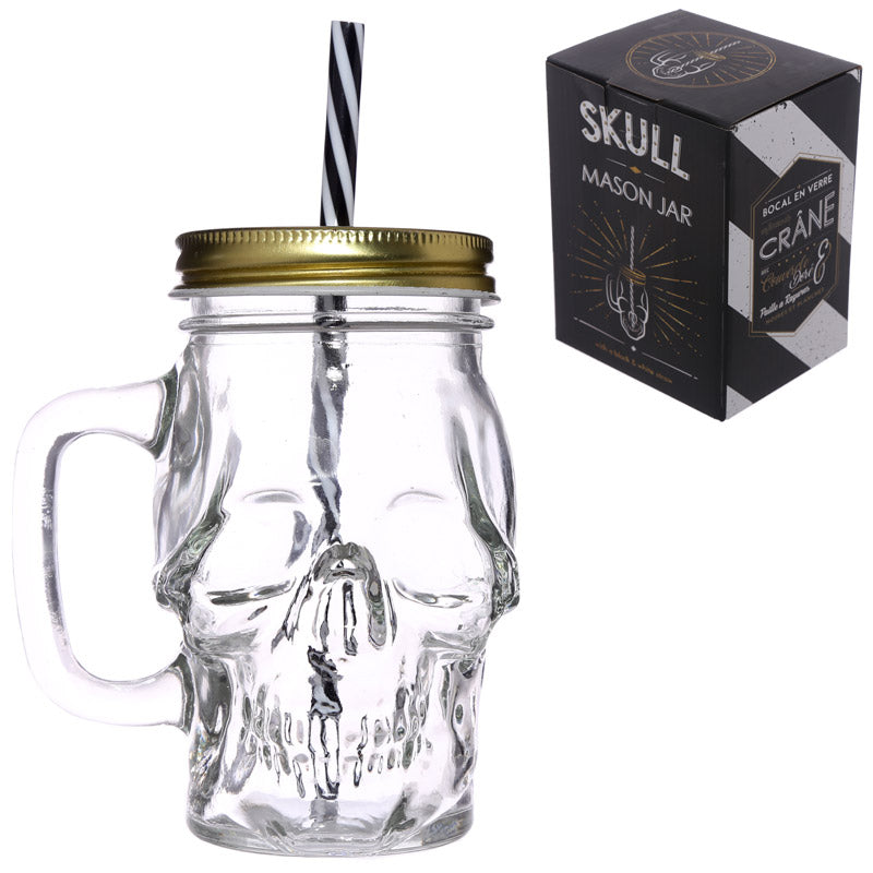 Halloween Skull Glass Mason Jar with Straw - Due to return - June 2024