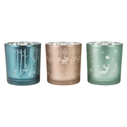 Reindeer Scene Christmas / Winter Glass Glass Tealight - Assorted Colours Available