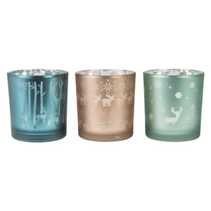 Reindeer Scene Christmas / Winter Glass Glass Tealight - Assorted Colours Available