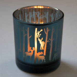 Reindeer Scene Christmas / Winter Glass Glass Tealight - Assorted Colours Available