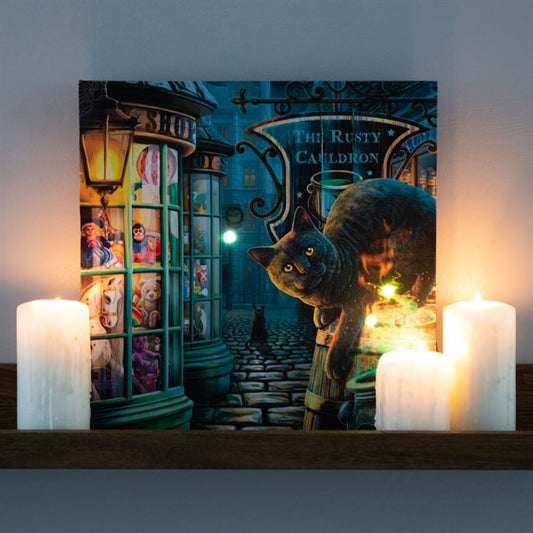30x30cm 'The Rusty Cauldron' (Cat) Light Up Canvas Plaque by Lisa Parker