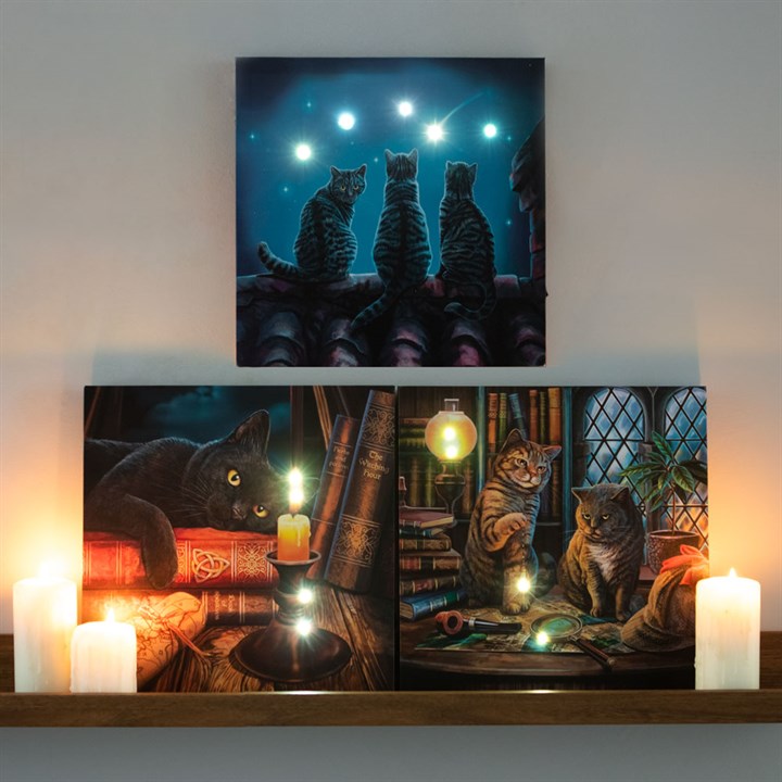 30x30cm 'The Witching Hour' (Cat) Light Up Canvas Plaque by Lisa Parker