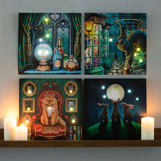 30x30cm 'The Witches Apprentice' (Cat) Light Up Canvas Plaque by Lisa Parker
