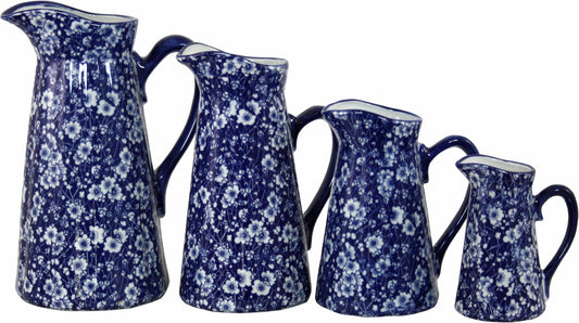 Set of 4 Ceramic Jugs - Vintage Blue & White Daisies Design (UK Only)