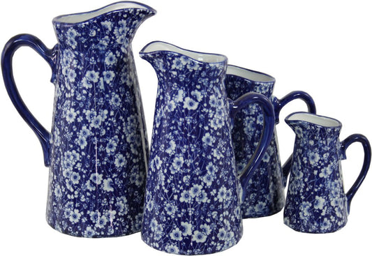 Set of 4 Ceramic Jugs - Vintage Blue & White Daisies Design (UK Only)