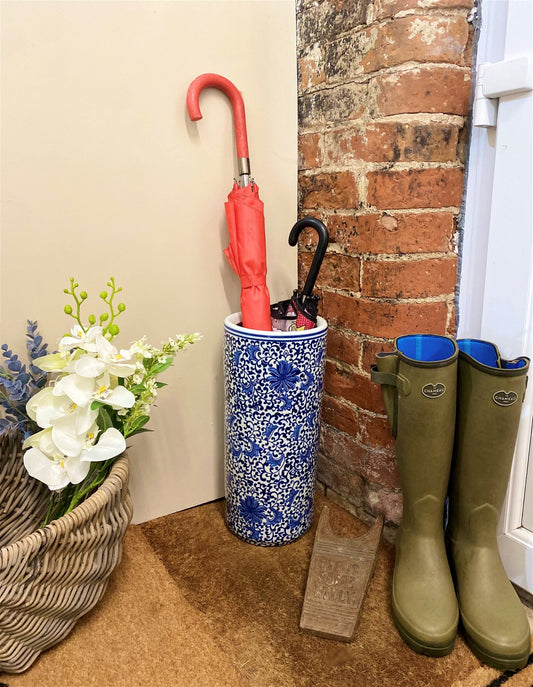 White With Blue Floral Print Umbrella Stand - UK Only