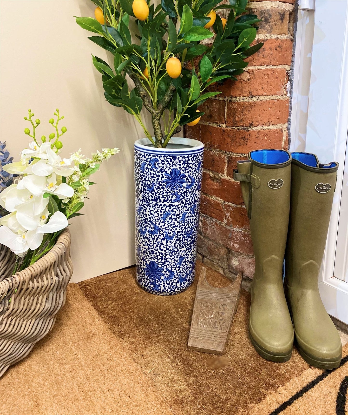 White With Blue Floral Print Umbrella Stand - UK Only