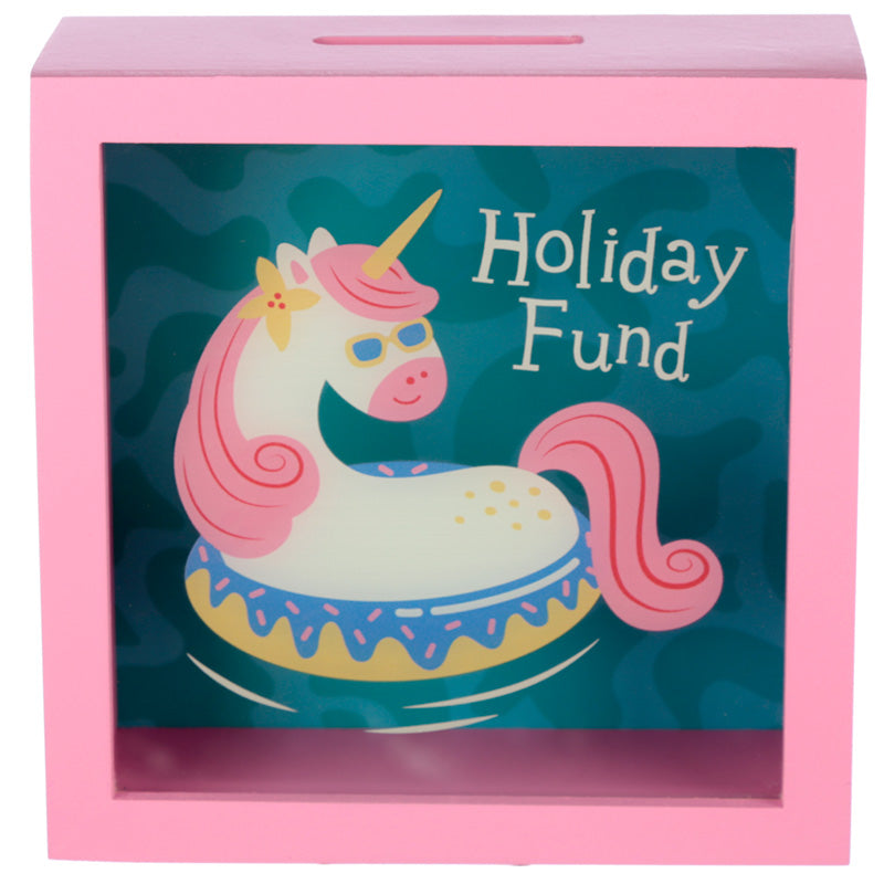 See Your Savings Wooden Money Box - Vacation Vibes (Unicorn) Design