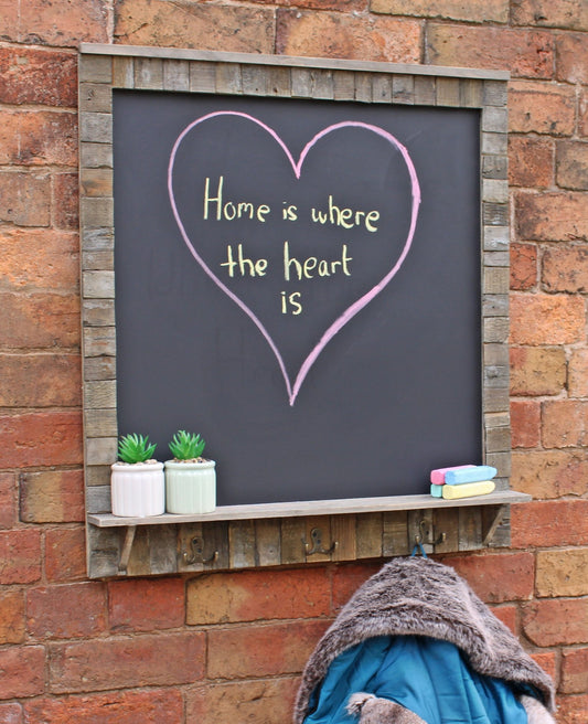 Large Blackboard with Driftwood Effect Surround, Shelf and 3 Double Hooks