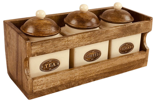 Wooden Rack with 3 Ceramic Jars - UK Only
