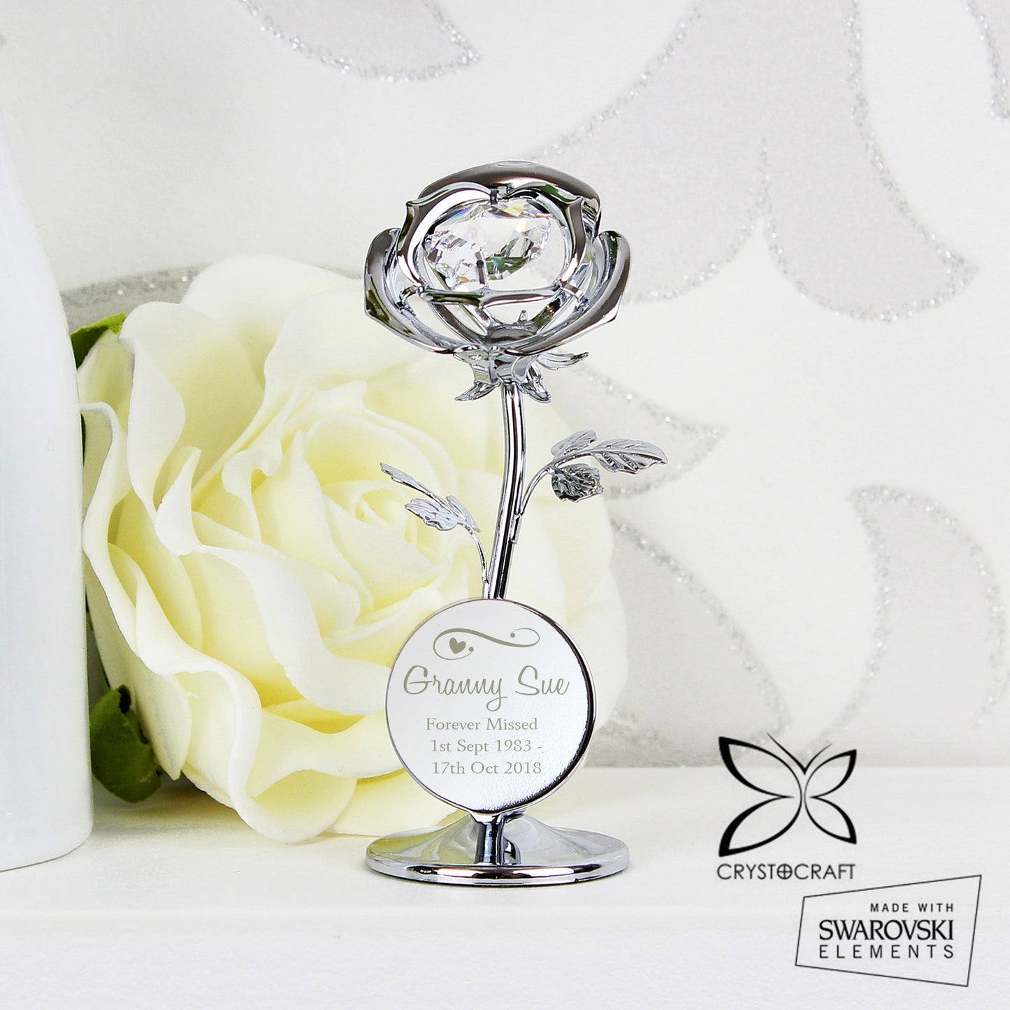 Personalised Swirls & Hearts Silver Plated Crystocraft Rose Ornament