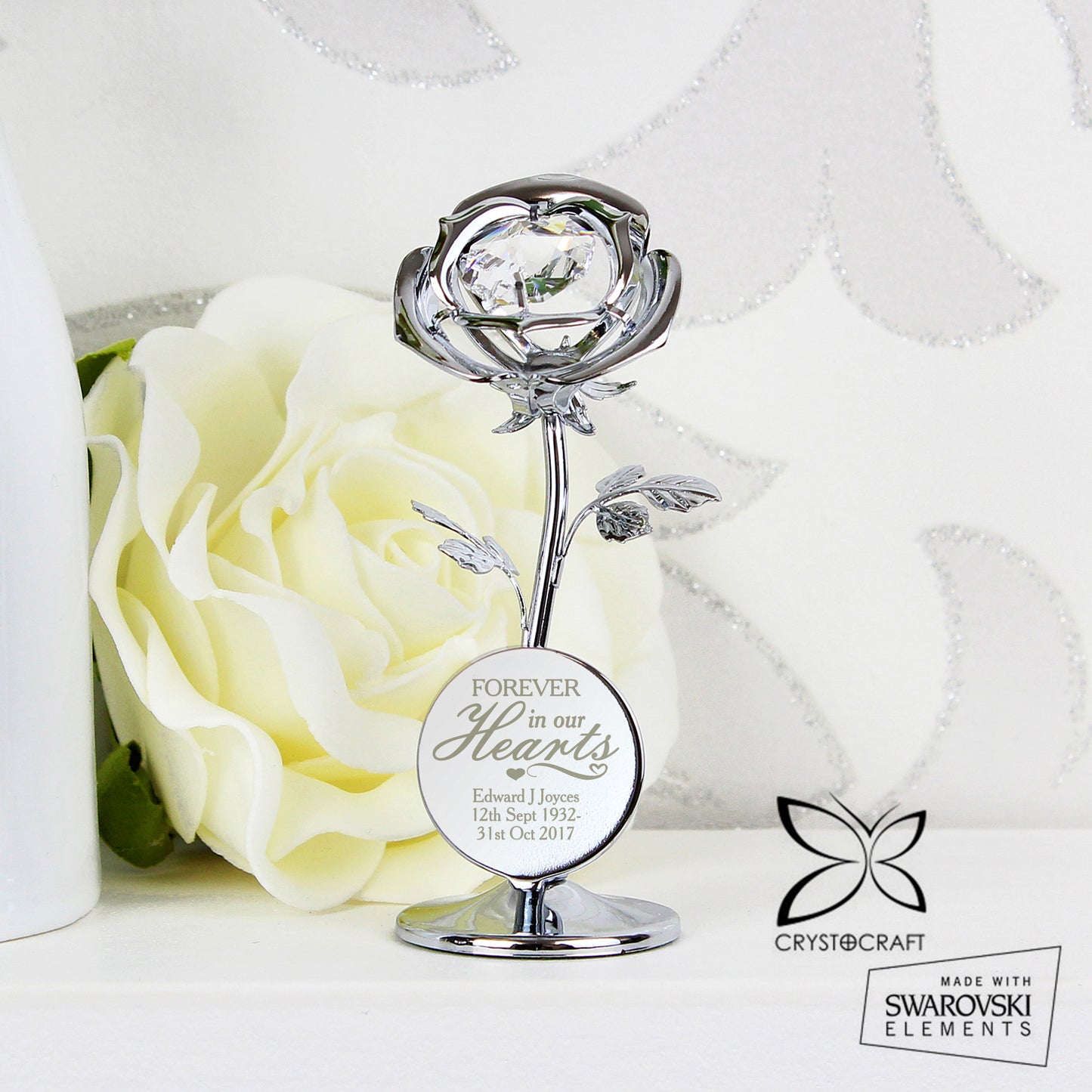 Personalised 'Forever in Our Hearts' Silver Plated Crystocraft Rose Ornament