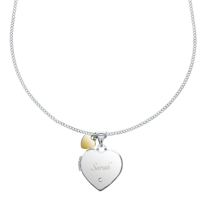 Personalised Sterling Silver Heart Locket Necklace with Diamond and 9ct Gold Charm
