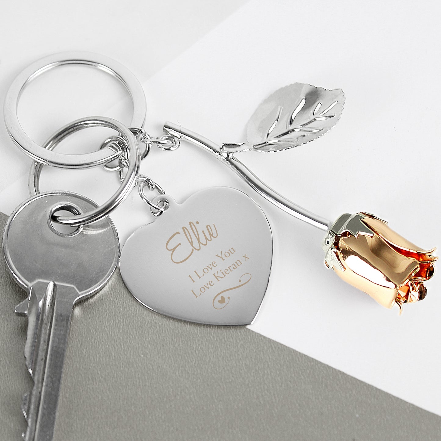 Personalised Silver Plated Swirls & Hearts Rose Gold Colour Rose Keyring
