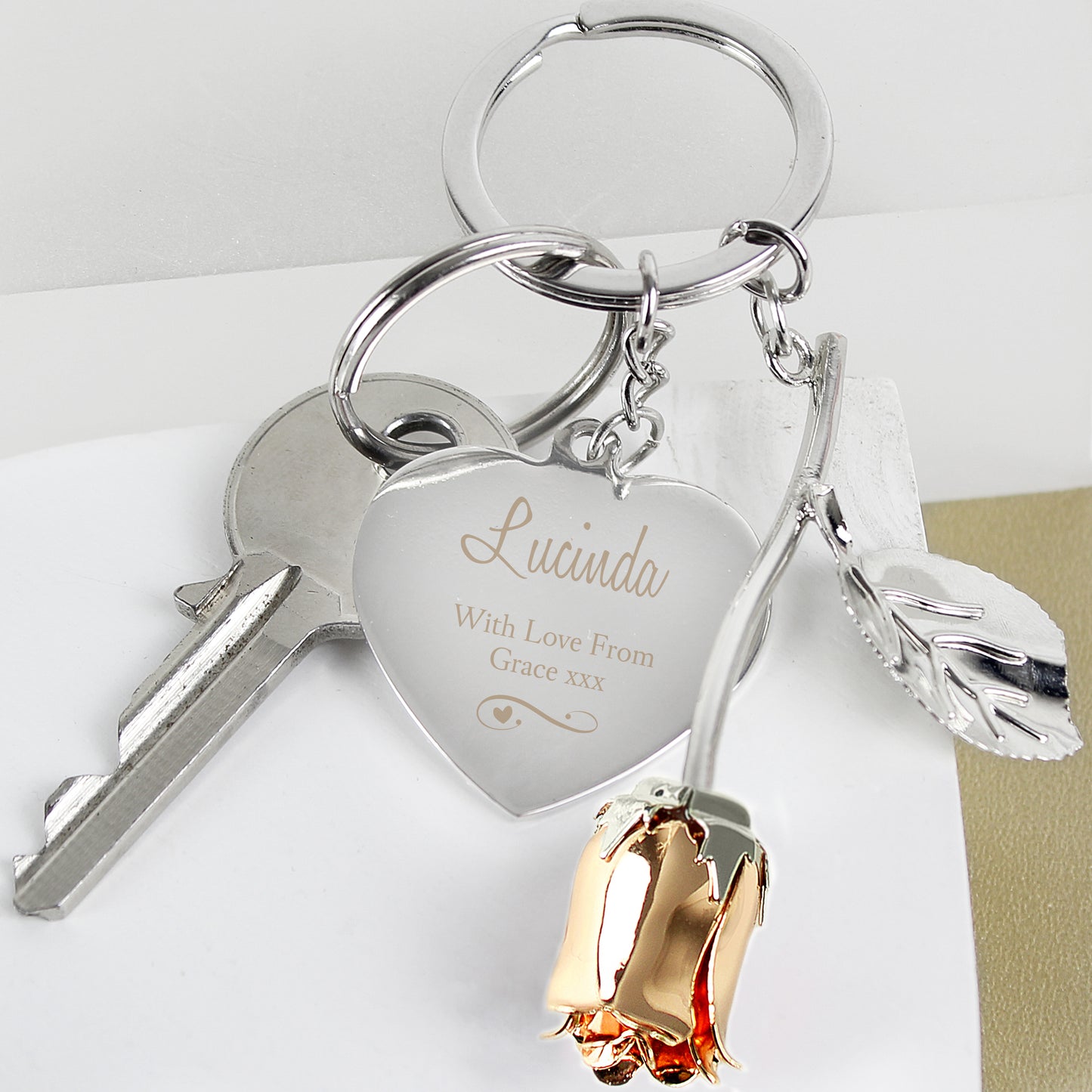 Personalised Silver Plated Swirls & Hearts Rose Gold Colour Rose Keyring