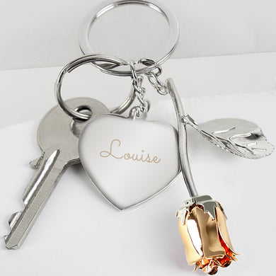 Personalised Silver Plated Rose Gold Colour Rose Keyring