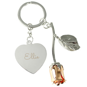Personalised Silver Plated Rose Gold Colour Rose Bud Keyring (Name Only)