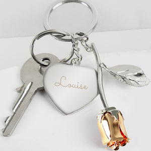 Personalised Silver Plated Rose Gold Colour Rose Bud Keyring (Name Only)