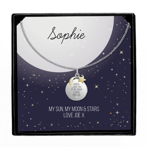 Personalised Sentiment Moon & Stars Sterling Silver Necklace and plus Gift Box