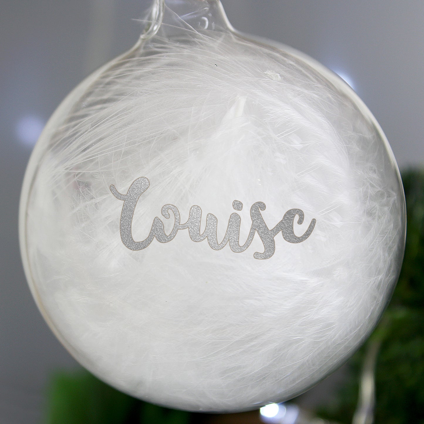 Personalised White Feather Glass Bauble with Silver Glitter Name