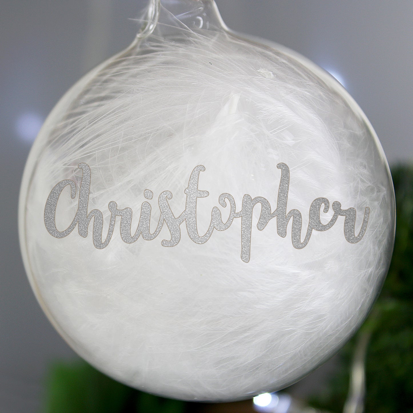 Personalised White Feather Glass Bauble with Silver Glitter Name