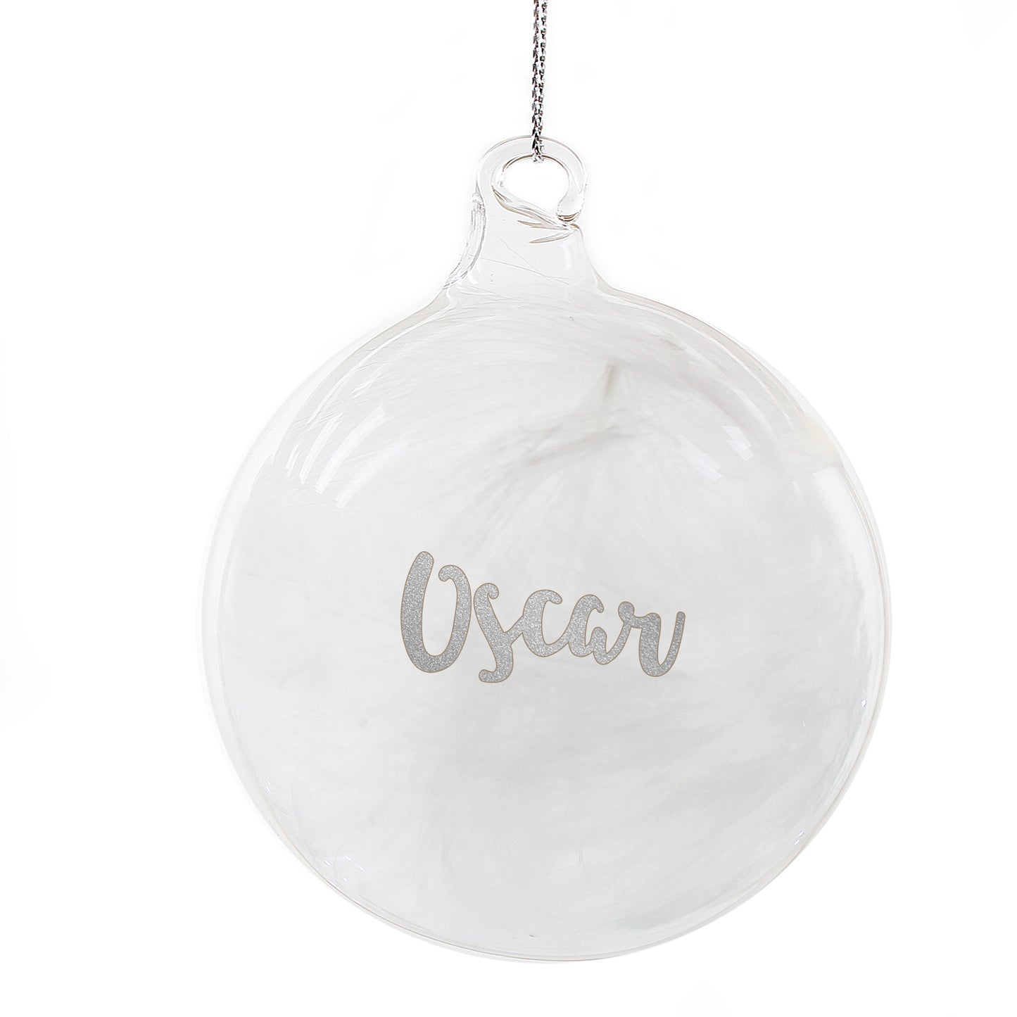 Personalised White Feather Glass Bauble with Silver Glitter Name