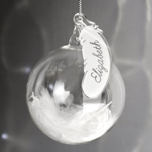 Personalised White Feather Glass Christmas Tree Bauble - Name Only