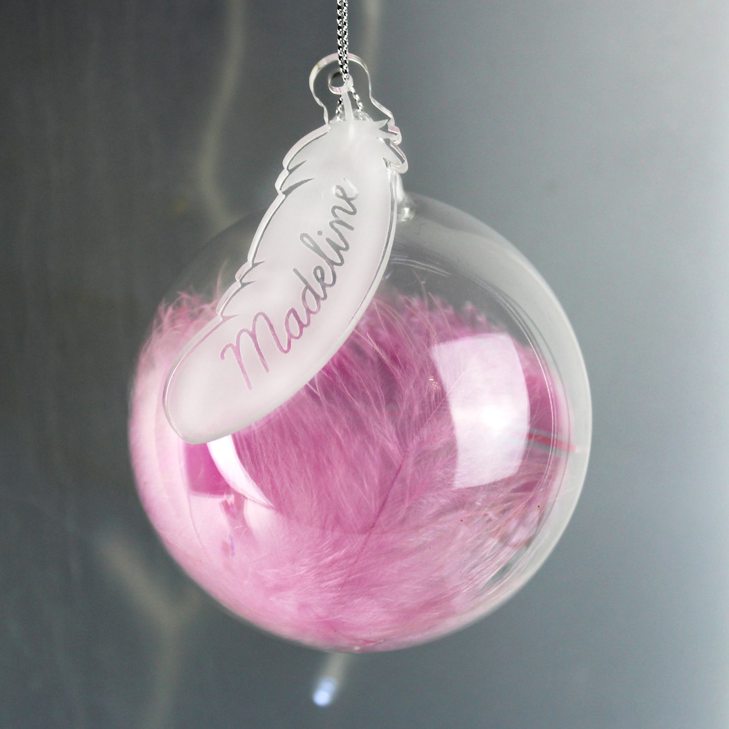 Personalised Pink Feather Glass Christmas Tree Bauble - Name Only