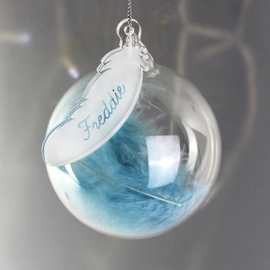 Personalised Blue Feather Glass Christmas Tree Bauble - Name Only