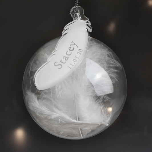 Personalised White Feather Glass Christmas Tree Bauble - Name & Date