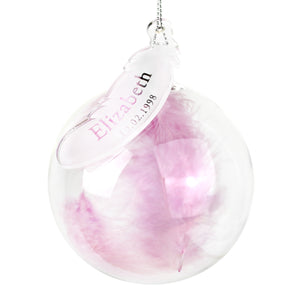 Personalised Pink Feather Glass Christmas Tree Bauble - Name & Date