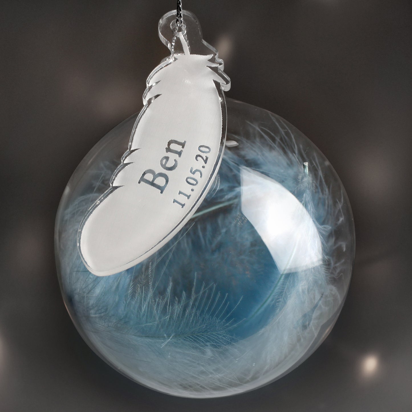 Personalised Blue Feather Glass Christmas Tree Bauble - Name & Date