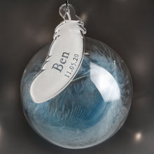 Personalised Blue Feather Glass Christmas Tree Bauble - Name & Date