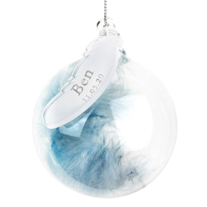 Personalised Blue Feather Glass Christmas Tree Bauble - Name & Date