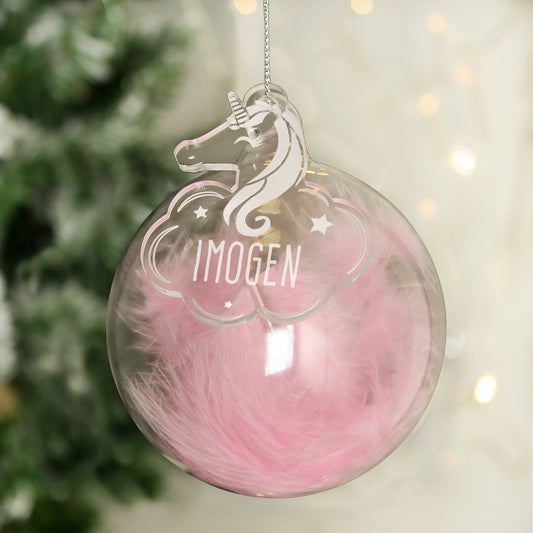 Personalised Pink Feather Glass Christmas Tree Bauble - Unicorn