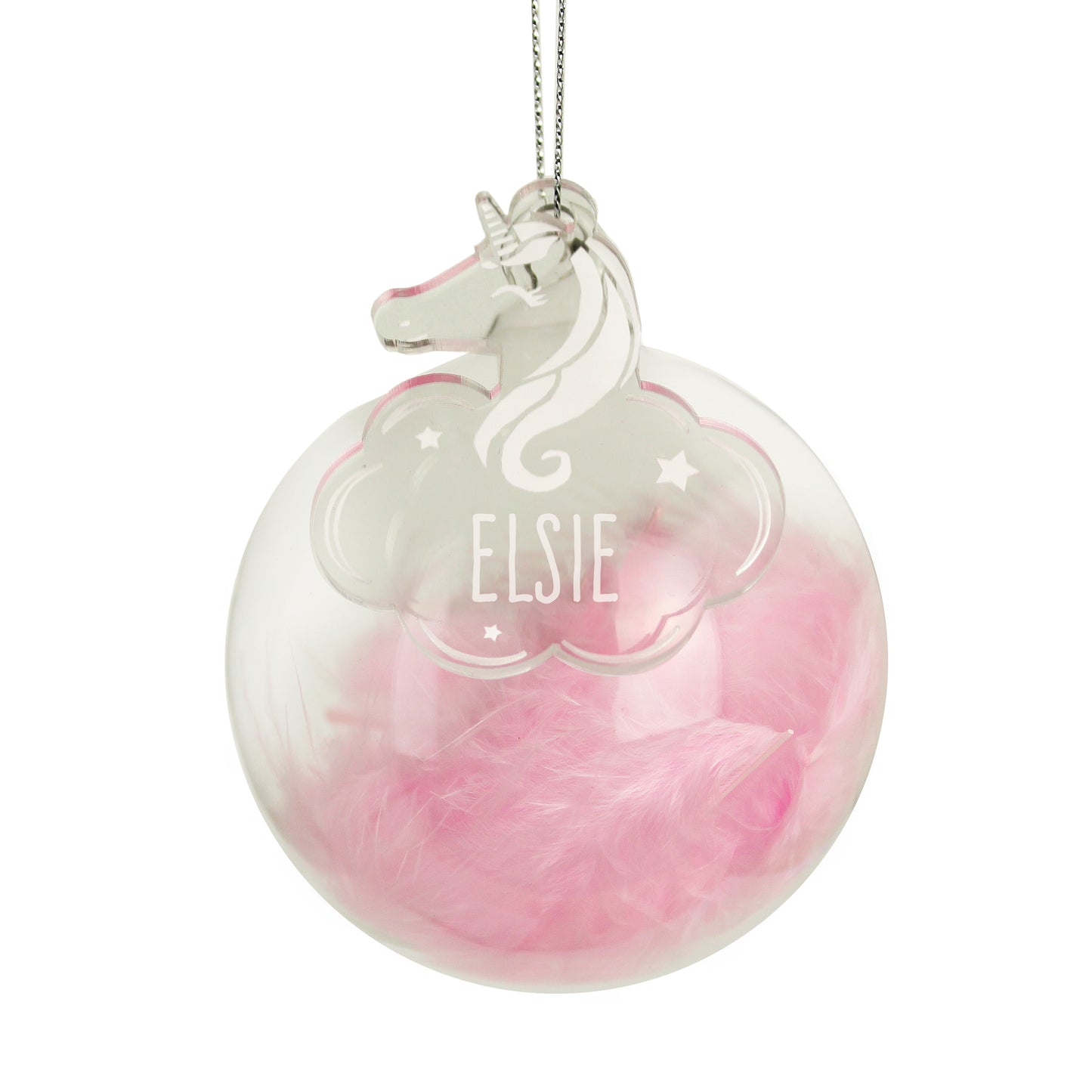 Personalised Pink Feather Glass Christmas Tree Bauble - Unicorn