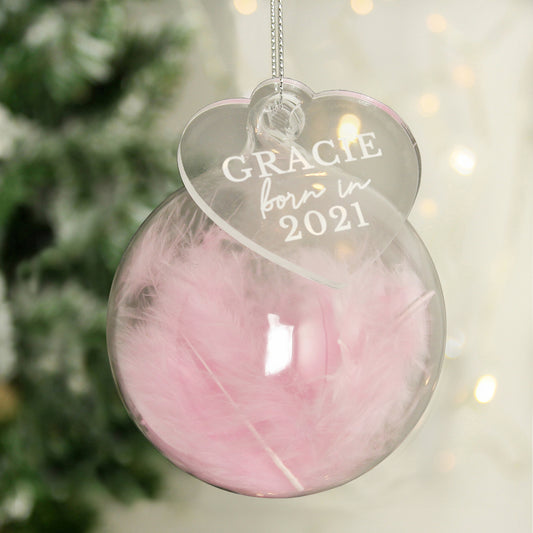 Personalised Pink Feather Glass 'Born in' Christmas Tree Bauble - Heart