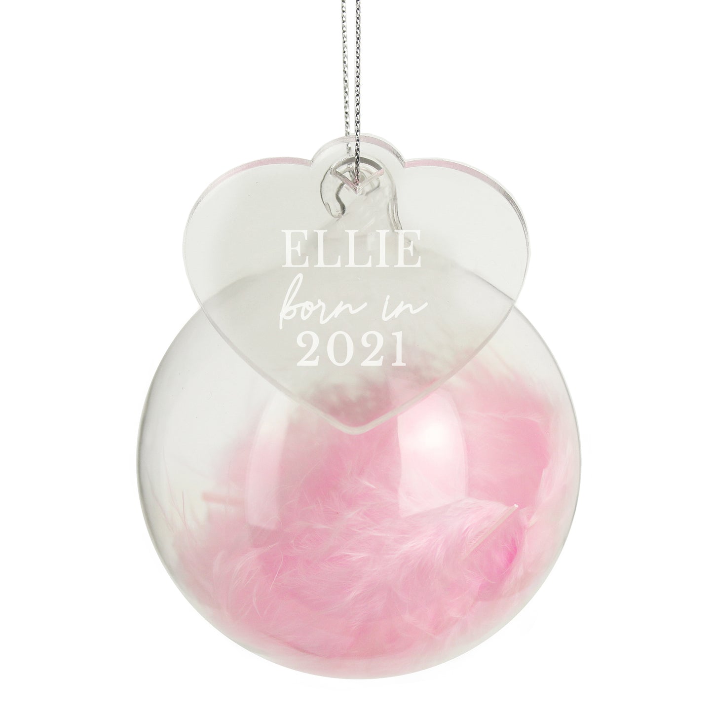 Personalised Pink Feather Glass 'Born in' Christmas Tree Bauble - Heart